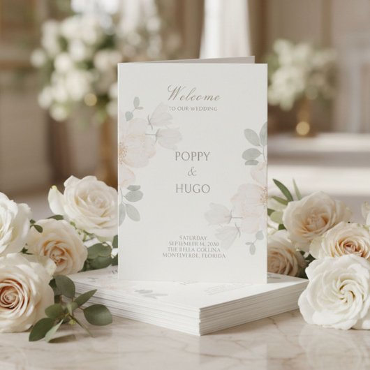 Elfenbein | Chic Aquarell-Blumen-Hochzeitsprogramm Programm