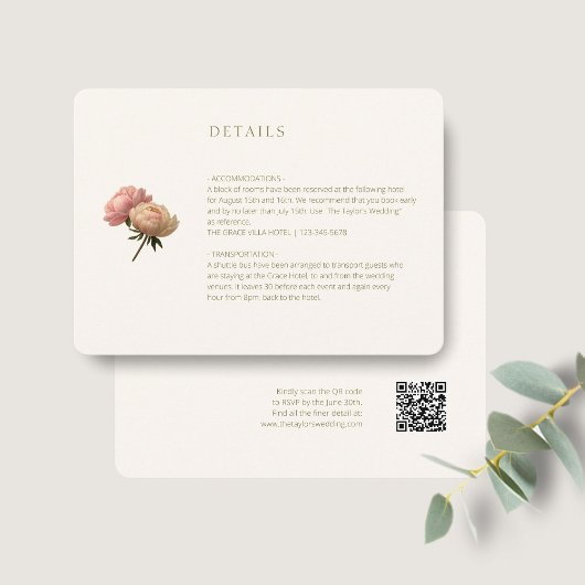 Elfenbein | Chic Rose Hochzeitdetails QR-Code Begleitkarte