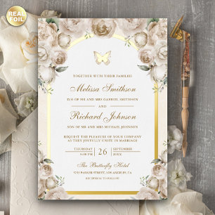 Elfenbein Creme Blumenbogen Schmetterling Hochzeit Folieneinladung
