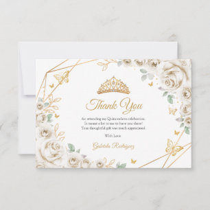 Elfenbein Creme Gold Floral Quinceanera Dankeskarte