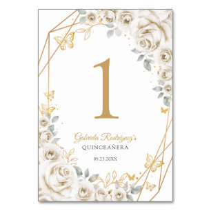 Elfenbein Creme Gold Floral Quinceanera Tischnummer
