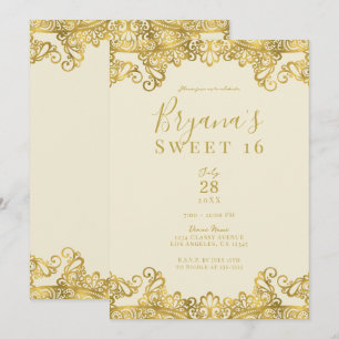 Elfenbein Creme & Goldene Spitze Elegante Sweet 16 Einladung