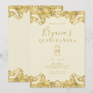 Elfenbein Creme Goldspitze Elegante Quinceañera-Pa Einladung