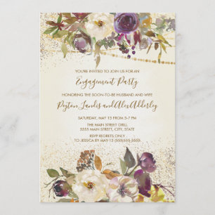 Elfenbein Creme Lila Blumen Glitter Verlobungsfeie Einladung