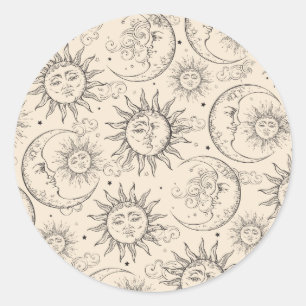 Elfenbein Creme Magic Vintage Himmels-Sonne Mond S Runder Aufkleber