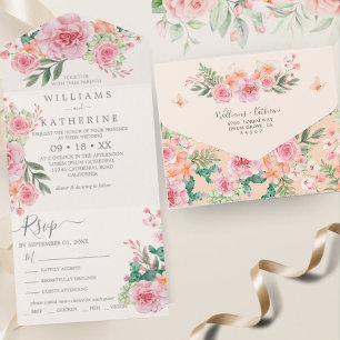 Elfenbein-Creme-Pfirsich- und rosa florale Budget- All In One Einladung