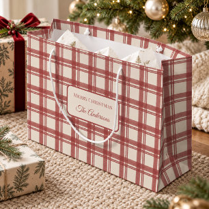 Elfenbein Creme Roter Vintage-Tartan-Karo-Weihnach Große Geschenktüte