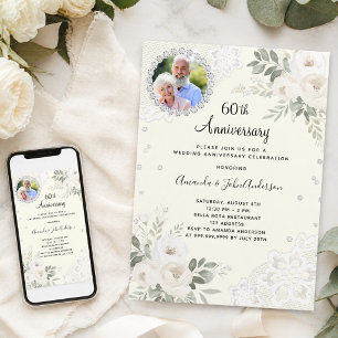Elfenbein-Diamanten-Blumen 60. Hochzeitstag Einladung