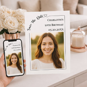 Elfenbein einfaches modernes Foto Geburtstag Save  The Date