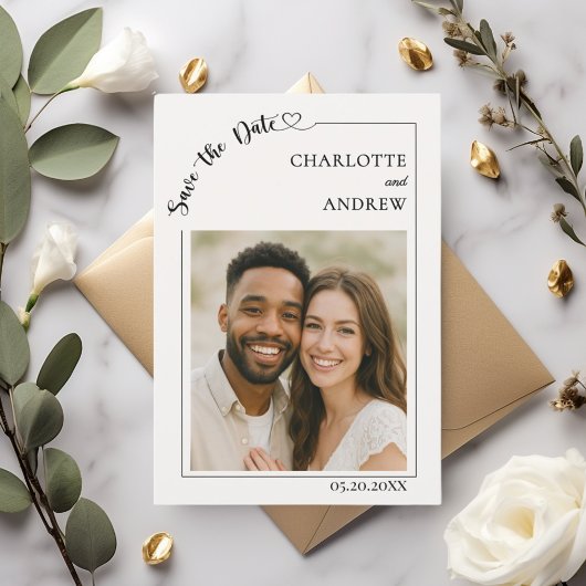 Elfenbein einfaches modernes Foto Hochzeit Save th The Date