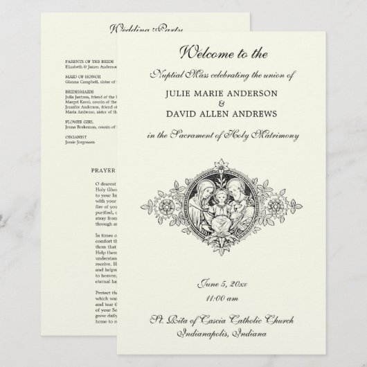 Elfenbein Elegantes katholisches Hochzeitsprogramm Briefpapier (Vorne/Hinten)