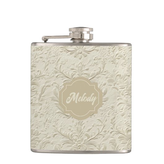 Elfenbein Embossed Floral Vinyl Wrapped Flask Flachmann (Vorderseite)