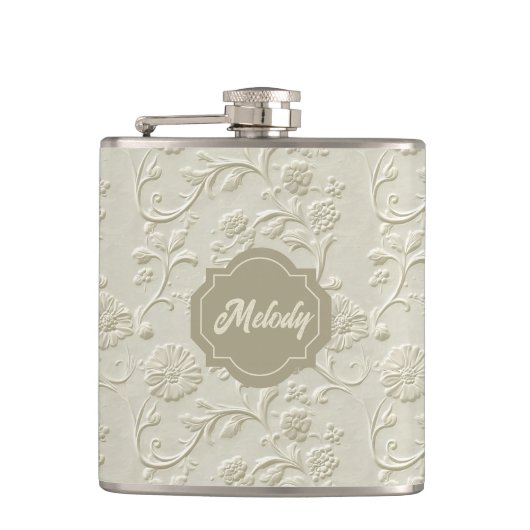Elfenbein Embossed Floral Vinyl Wrapped Flask Flachmann (Vorderseite)