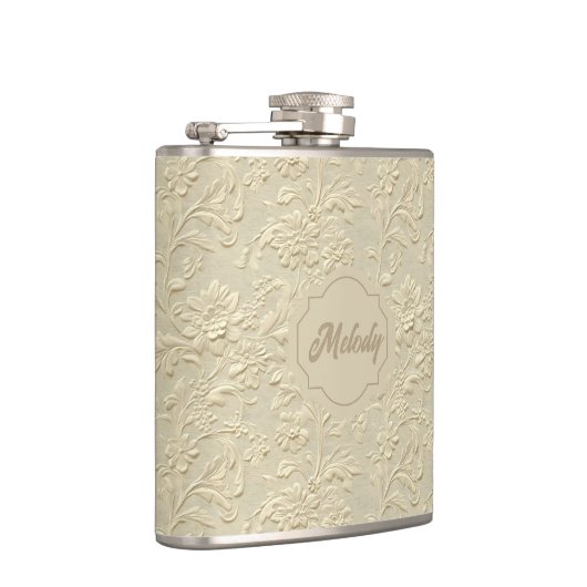Elfenbein Embossed Floral Vinyl Wrapped Flask Flachmann (Rechts)