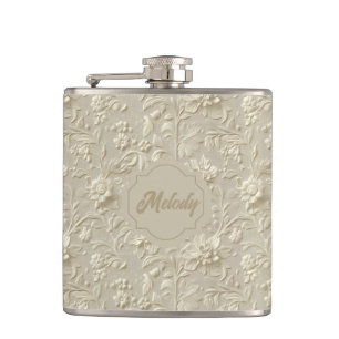 Elfenbein Embossed Floral Vinyl Wrapped Flask Flachmann