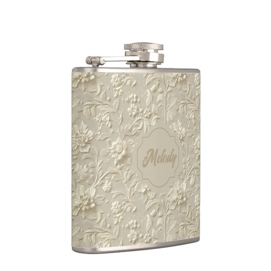 Elfenbein Embossed Floral Vinyl Wrapped Flask Flachmann (Rechts)