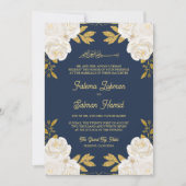 Elfenbein Floral Gold Navy Blue Muslim Hochzeit Einladung (Vorderseite)