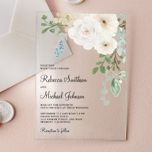 Elfenbein Florale Salbeigrüne Blätter Hochzeit Acryleinladungen