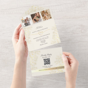 Elfenbein Foto Gold Blumen QR Hochzeit All In One Einladung