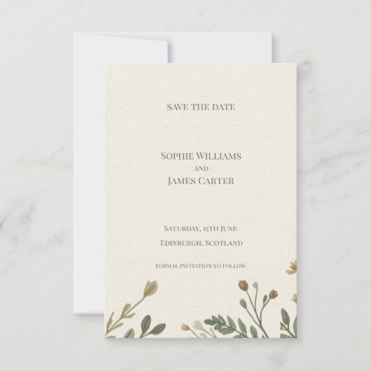 Elfenbein getrocknete botanische Zweig Minimal-Hoc Save The Date (Vorderseite)