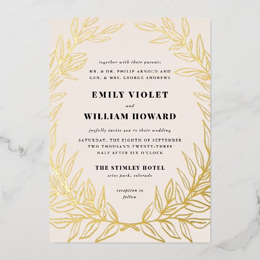 Elfenbein Gilded Wreath Formal Wedding Foil Einlad Folieneinladung (Vorderseite)