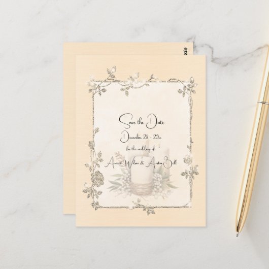 Elfenbein Glänzend Elegant Funkelnd Termin merken Postkarte (Vorderseite/Rückseite Beispiel)