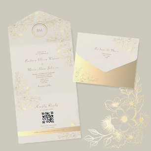Elfenbein-Gold-Blumen-Hochzeit QR Code All In One Einladung