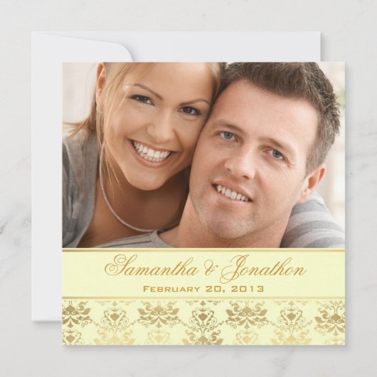Elfenbein & Gold Damask Foto Einladung Hochzeit (Rückseite)