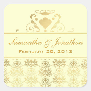 Elfenbein & Gold Damask Hochzeitsmarken Quadratischer Aufkleber
