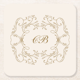 Elfenbein-Gold-Monogramm-Blumenkranz-Hochzeitsbar Rechteckiger Pappuntersetzer