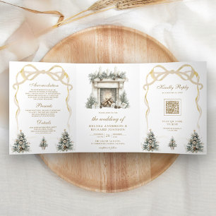 Elfenbein Gold Weihnachts Kamin Bogen QR Code Hoch Dreifach Gefaltete Einladung