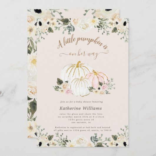 Elfenbein-Goldkürbis-Babydusche Einladung (Vorne/Hinten)