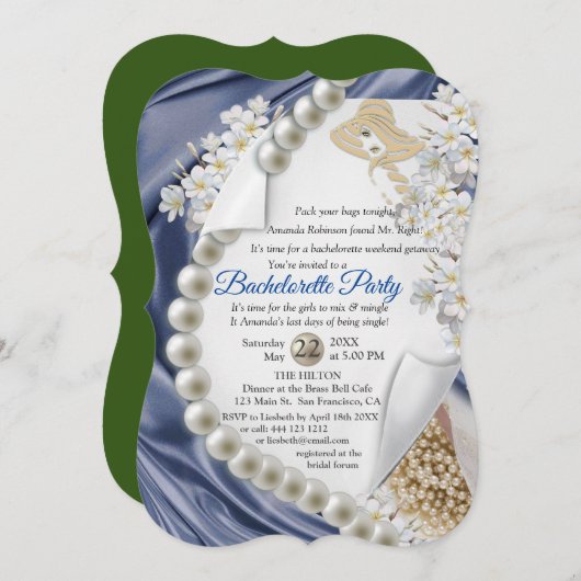 Elfenbein, Grün, Blau, Gold, Seide und Perlen Brau Einladung (Vorne/Hinten)