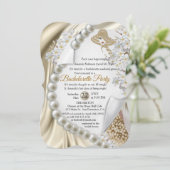 Elfenbein, Grün, Blau, Gold, Seide und Perlen Brau Einladung (Stehend Vorderseite)