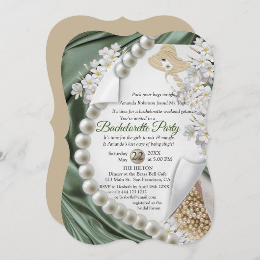 Elfenbein, Grün, Blau, Gold, Seide und Perlen Brau Einladung (Vorne/Hinten)