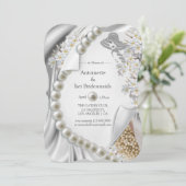 Elfenbein, Grün, Blau, Goldsilk und Perlen Brautpa Einladung (Stehend Vorderseite)