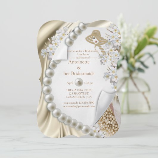 Elfenbein, Grün, Blau, Goldsilk und Perlen Brautpa Einladung (Stehend Vorderseite)