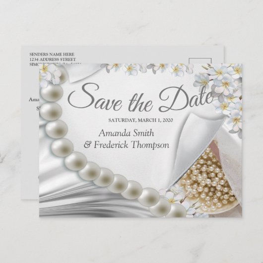 Elfenbein, Grün, Blau, Goldsilk und Perlen Save th Ankündigungspostkarte (Vorne/Hinten)