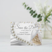 Elfenbein, Grün, Blau, Goldsilk und Perlen Save th Ankündigungspostkarte (Stehend Vorderseite)