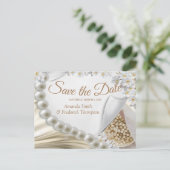 Elfenbein, Grün, Blau, Goldsilk und Perlen Save th Ankündigungspostkarte (Stehend Vorderseite)