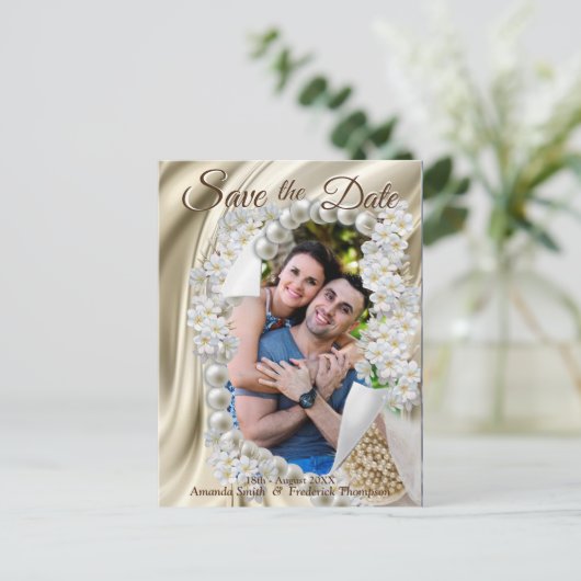 Elfenbein, Grün, Blaue Seide und Perlen Save the D Ankündigungspostkarte (Stehend Vorderseite)