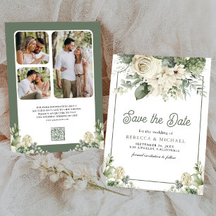 Elfenbein-Grün-Blumen-Hochzeit QR-Code-Foto Save The Date
