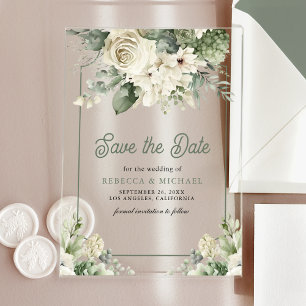 Elfenbein-grüne Floral-Hochzeit - Save-the-Date-Ka Acryleinladungen