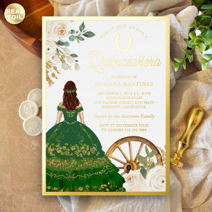 Elfenbein Grüner Blumen Kleid Charro Quinceanera G Folieneinladung
