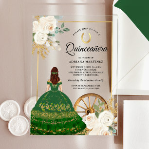 Elfenbein Grüner Blumenkleid Charro Gold Quinceane Acryleinladungen
