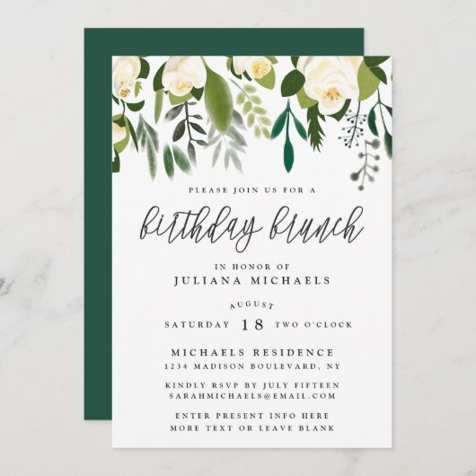 Elfenbein & Grüner Botanischer Geburtstagsbrunch Einladung (Vorne/Hinten)