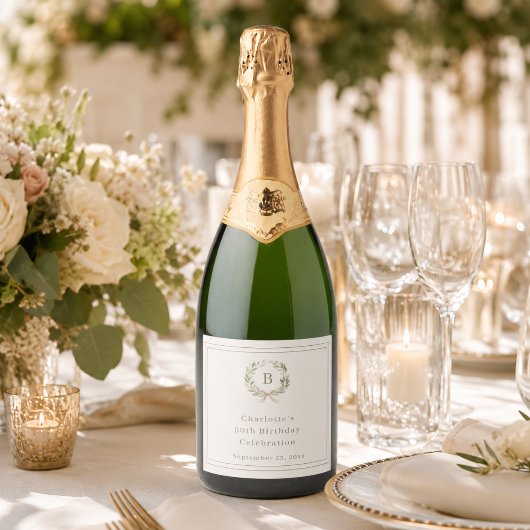 Elfenbein-grüner Monogramm-Kranz Geburtstag Schaumweinetikett