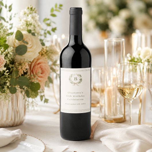 Elfenbein-grüner Monogramm-Kranz Geburtstag Weinetikett