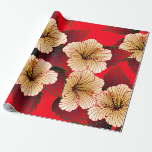 Elfenbein-Hibiskus-Blume nahtlos auf rotem Muster Geschenkpapier