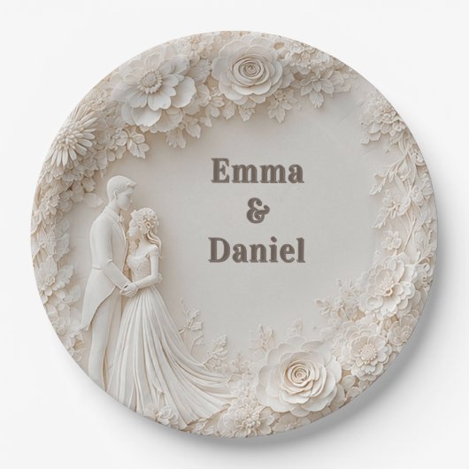 🤍 Elfenbein Hochzeit Blumen Silhouette Rahmen🤍 Pappteller (Vorderseite)
